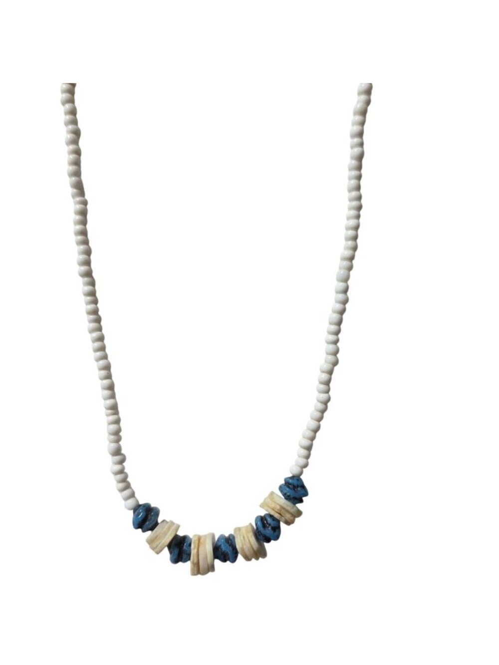 Vintage White Beaded Necklace Blue Accents Minimalist Retro Fashion Jewelry